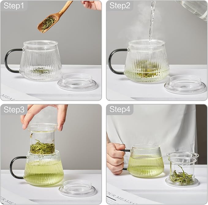 Glass Tea Infuser Cup with Lids and Handle for Blooming & Loose Leaf, 14oz | Borosilicate, Heat Resistance, Lead-free, Microwave & Dishwasher Safe