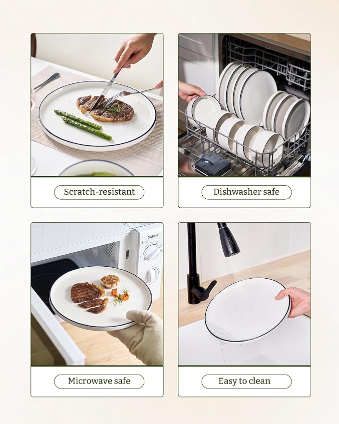 Famiware Porcelain 12-Piece Dinnerware Set, White with Black Trim | Plates and Bowls for 4, Dishwasher & Microwave Safe, Chip & Scratch Resistant, Ideal for Everyday & Formal Use