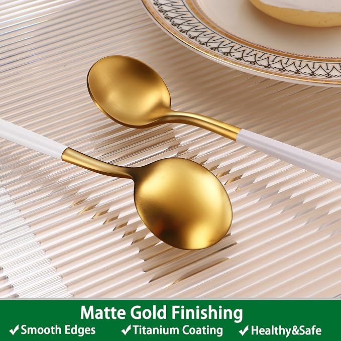 9 Inches Satin Gold Stainless Steel 18/10 Iced Teaspoons With White Handle,Set Of 4 Latte Spoons,Long Handle Coffee Stirring Spoons,Sundae Spoon For Mixing Cocktail Spoon