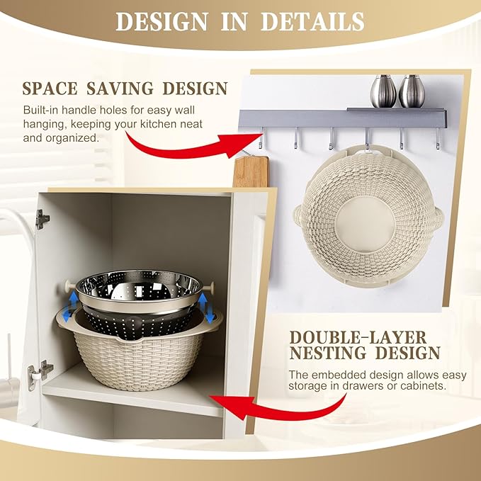 4-in-1 Colander with Bowl Set — Patented 360° Rotatable Strainer Bowl with 3 Graters, Snap-On Lid & Non-Slip Base, Funny Kitchen Present for Women, Aesthetic Pasta Fruit Vegetable Strainer (Beige)