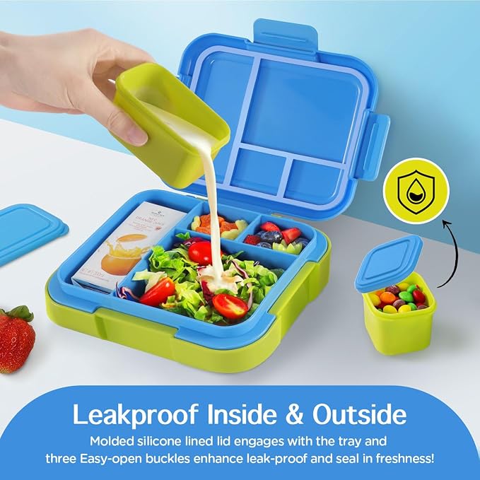 Caperci Bento Box for Kids Age 4-8 - 4.8 Cups Lunch Box with 2 Modular Containers - 4 Compartments Lunch Container, Leak-Proof, Portable Handle, Microwave/Dishwasher Safe (Blue/Juicy Pear)