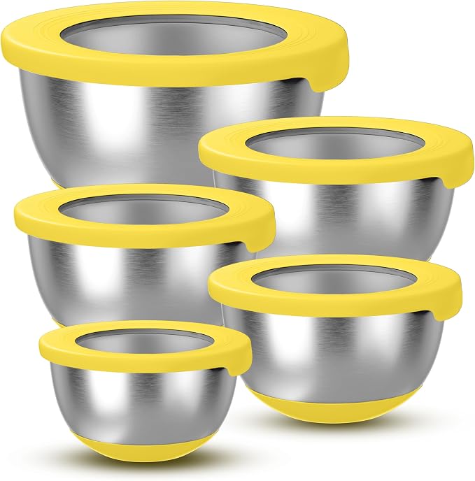 KITEISCAT Stainless Steel Mixing Bowls with Lids – Set of 5 Large Nesting Metal Bowls for Kitchen, Baking, Cooking, Food Prep & Storage, Non-Slip Base, Dishwasher Safe,Yellow