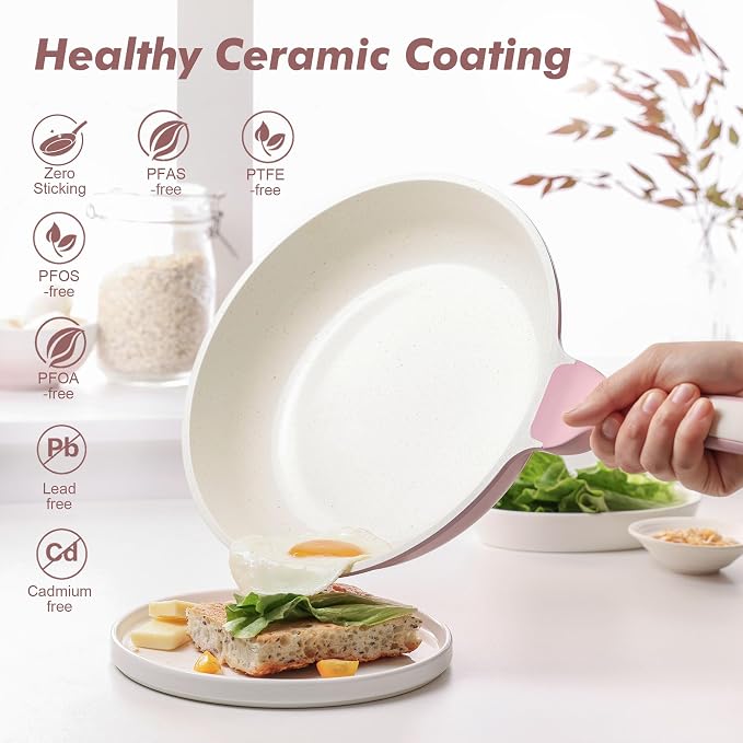 SENSARTE 11Inch Nonstick Ceramic Frying Pan with Lid, PFAS/PTFE Free, Pink | Ceramic Omelette Pan Skillet, Healthy Non-toxic Chef's Pan, Induction Compatible Pan, Heat Resistant Handle