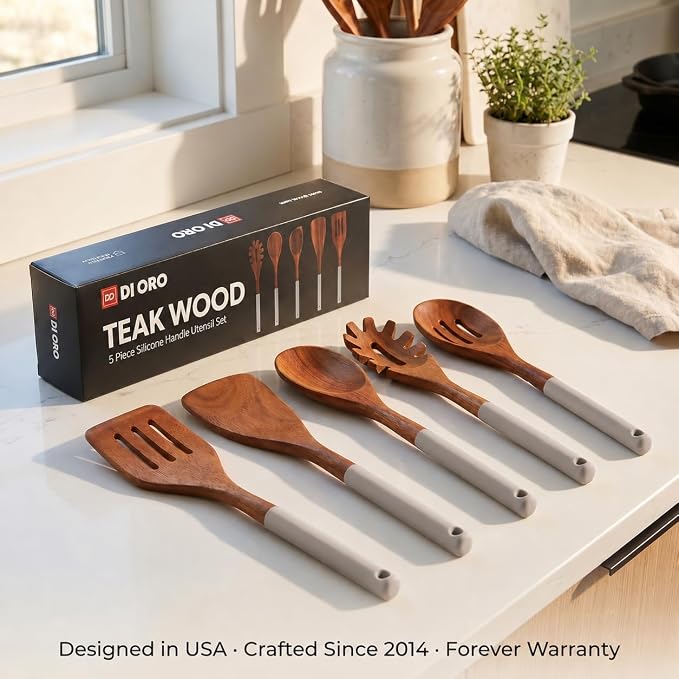 DI ORO Wooden Kitchen Utensil Set - 5 Pc Spoon & Spatula, Soft Grey | Won't scratch nonstick pots and pans; Natural hardwood, easy to hand wash; For cooking, serving, stirring, and turning