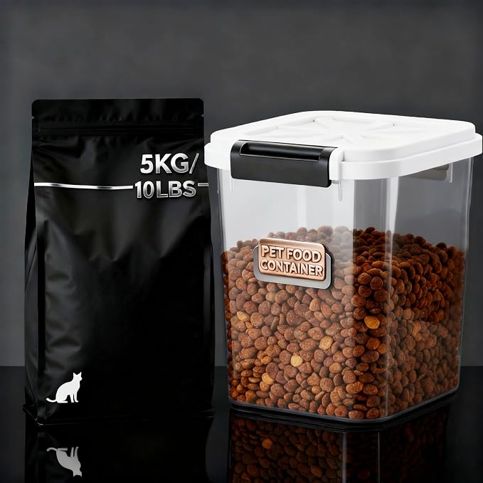6 lb Airtight Dog Food Storage Container with Scoop, White | Airtight snap-lock lid, clear BPA-free body, and measuring cup keep dry dog or cat food, treats, cereal, and grain organized.