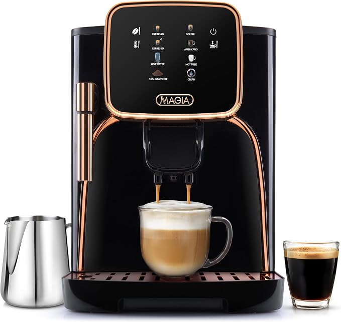 Zulay Kitchen Magia Clasica Automatic Espresso Machine with Built-In Grinder, Touch Panel Coffee Maker, Steam Wand Milk Frother, Adjustable Strength, Self-Cleaning, Black & Copper (13" x 17.7" x 9.4")
