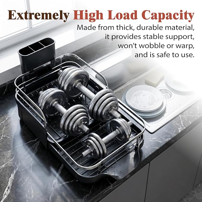Dish Drying Rack, Expandable Stainless Steel Dish Drainer for Kitchen Counter, Rustproof Auto Draining Drainboard, Raised Guardrail, Detachable Utensil Holder, Space Saving Kitchen Organizer (1 Tier)