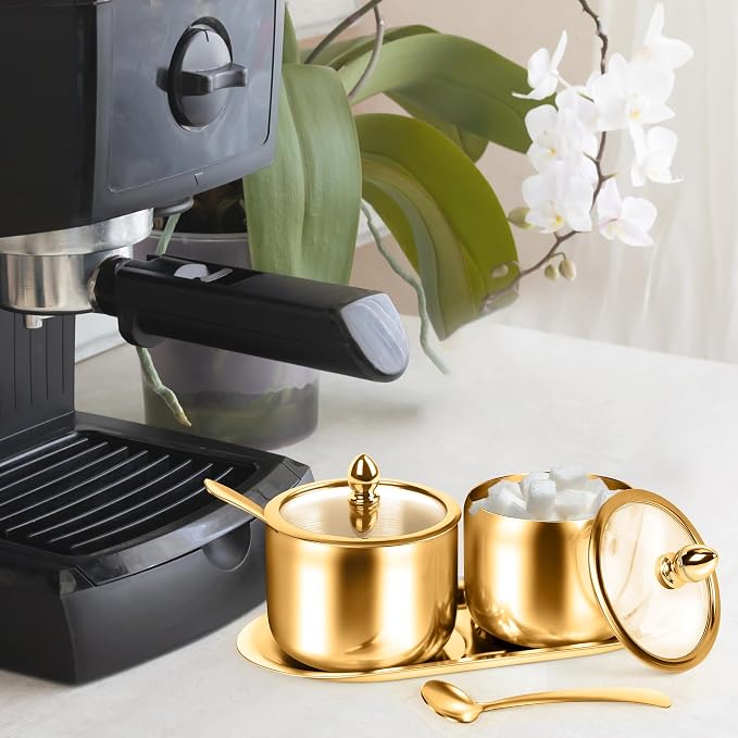 holoith 2 Pcs Coffee and Sugar Dispenser with Tray, Gold | 10 oz Sugar Bowl, Glass Lid and Spoon, Coffee Bar Accessories, Kitchen Storage for Salt, Coffees Bean, Brown Sugar Cubes