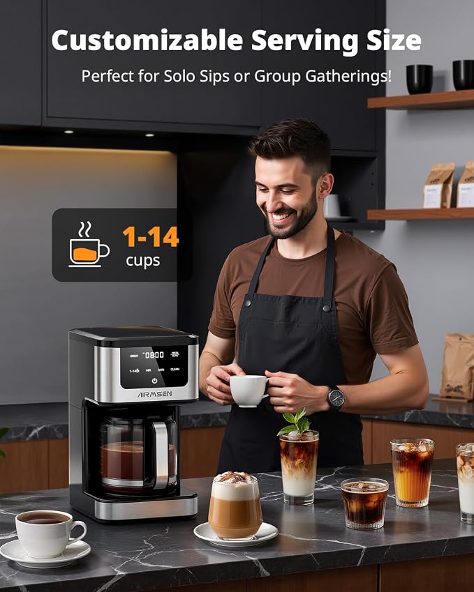 AIRMSEN 14-Cup Programmable Drip Coffee Maker | 1000W Fast Brew, 24H Timer, 2-Hour Keep Warm, 4/6/8/10/14-Cup Selection, 73oz Tank & Glass Carafe for Home Office