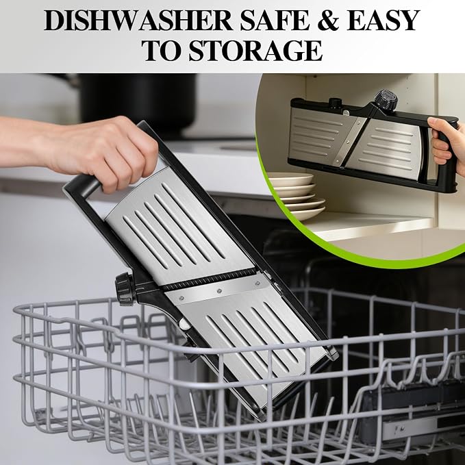 Mandoline Slicer for Kitchen, Adjustable Stainless Steel Food Slicer | Vegetable Chopper Onion Waffle French Fry Cutter Potato Chip Julienne Slicer with Safety Gloves & Cleanning Brush