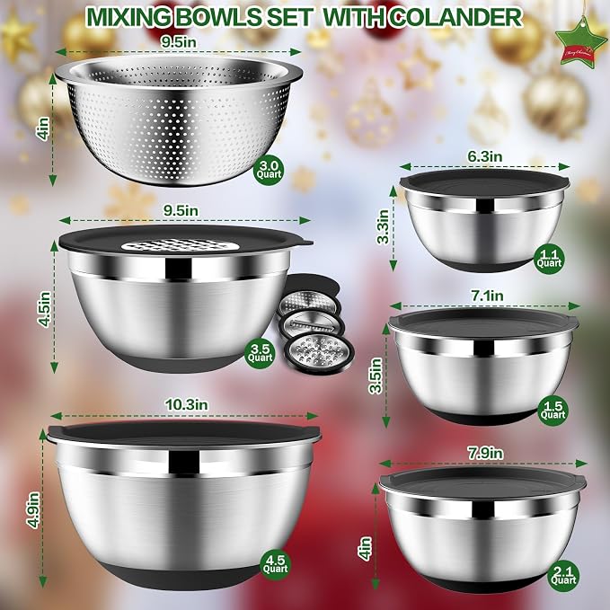 DUTZUN Kitchen Appliances, Large Mixing Bowls with Lids Set & Colander | 6.0 QT Stainless Steel Mixing Bowl with Strainer & Graters for Baking, Serving, Cooking, Prep, Salad