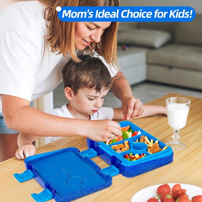Bento Lunch Box, Snack Bento Lunch Containers Boxes, Shiny Blue | 5/6 Compartments, 3 Cups BPA Free, Dishwasher Safe, for Kids, Back to School, On-the-Go Meal, Ages 3+, School