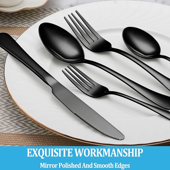 30 Pcs Black Silverware Set, Stainless Steel Flatware Set Service for 6, Mirror Polished Cutlery Utensil Set, Durable Home Kitchen Eating Tableware Set, Include Fork Knife Spoon Set, Dishwasher Safe
