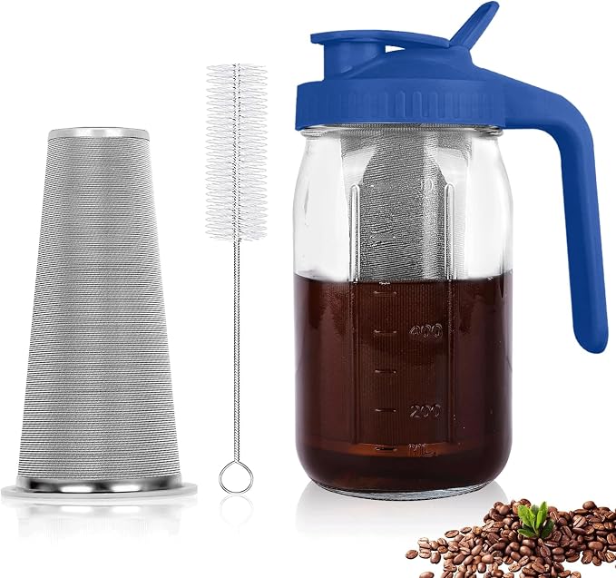 Cold Brew Coffee Maker, 32 oz Mason Jar Pitcher with Stainless Steel Filter, Pour Spout Handle Lid, Heavy Duty Glass Airtight & Leak-Proof for Iced Coffee,Tea & Lemonade