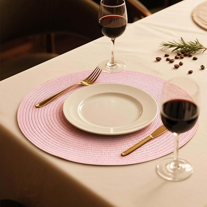 FunWheat Round Braided Placemats Set of 4 Place mats for Dining Tables Woven Heat Resistant Table Mats 15 inch (Pink,4pcs)