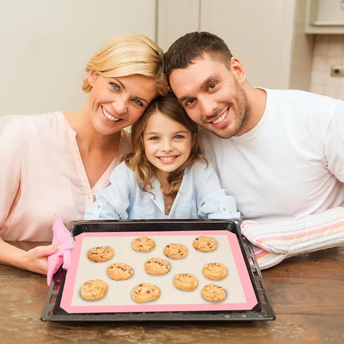 Silicone Baking Mat Set of 3, Silicone Baking Mats Cookie Sheet, Non-Stick Mats for Baking, Easy Clean & Reusable Oven Baking Sheet for Making Macaroons, Cookies (Pink)
