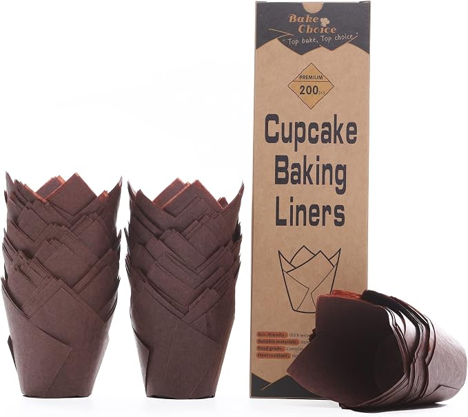 Bake Choice Standard Tulip Cupcake Liners for Baking, Brown Muffin Liners | 200 PCS Tulip Muffin Liners, European Parchment Paper, Nordic Paper Cupcake Wrapper for Party, Christmas