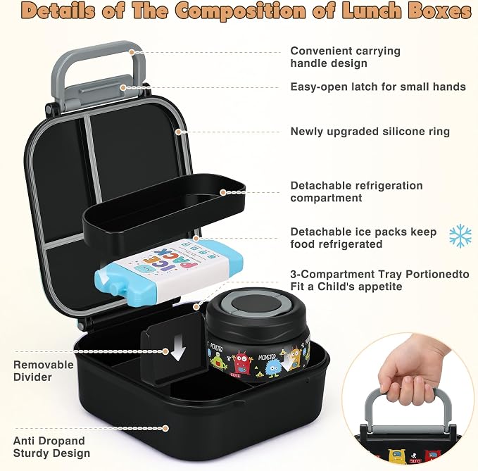 Bento Lunch Box for Kids with 7oz Soup Thermo,Insulated Stainless Steel Kids Water Bottle with Straw and Insulated Lunch Bag,Leak-Proof Lunch Food Container with Ice Pack for School(Black-Cute)