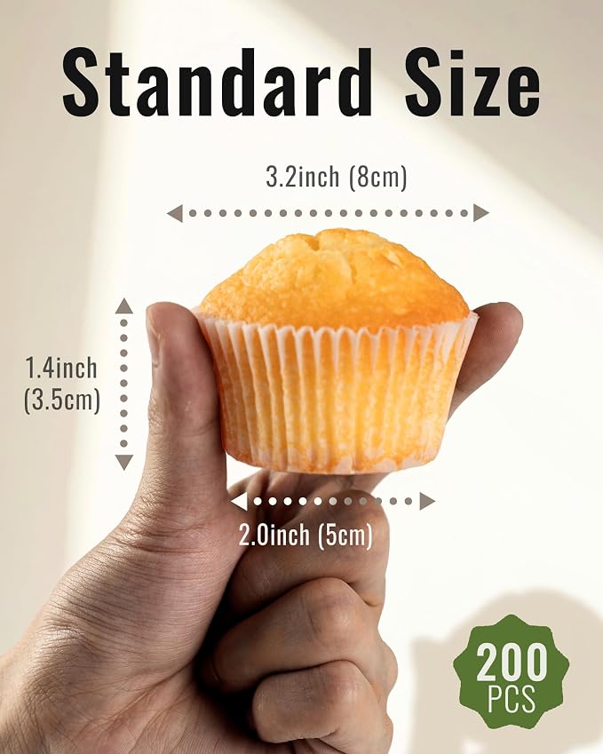 Bake Choice 200pcs Standard Cupcake Liners for Baking, White Muffin Liners | Upgraded Paper, Balance Non-Stick & Non-Slip, Greaseproof Parchment Paper, Cupcake Wrapper for Party, Wedding, Christmas