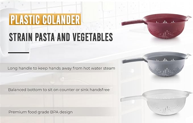 YBM Home 9.75 Inch Plastic Strainer Colander with Long Handle – Made of Food Safe BPA-Free Plastic - Use for Pasta, Noodles, Spaghetti, Vegetables and More 31-1130-gray (1, Gray)