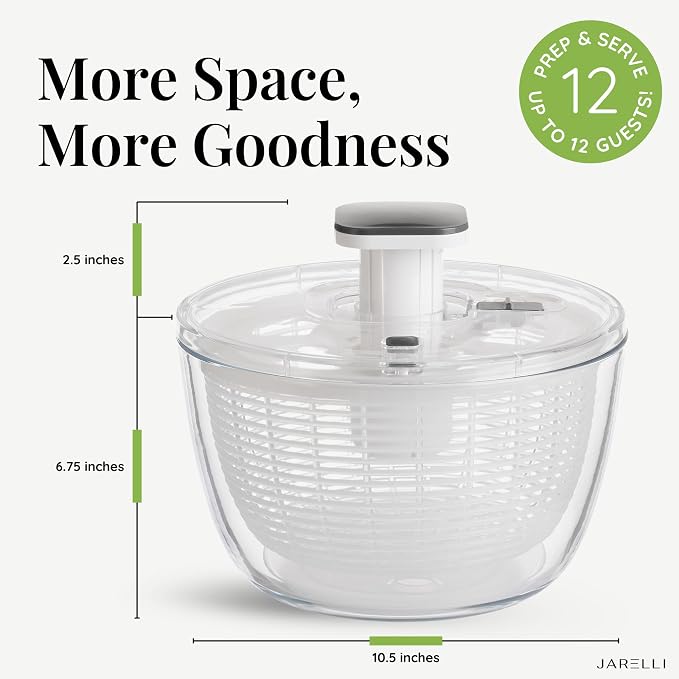 Glass Salad Spinner with Storage Lid, 6 Quart Borosilicate Glass Bowl, Push Button Drying Lid, BPA-Free Draining Basket Doubles as Serving Bowl & Colander, Lettuce, Vegetable, & Fruit Washer