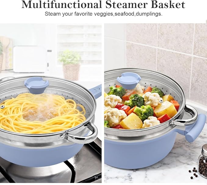 AIKENBBKK Pots and Pans Set Non Stick, Ceramic Cookware Set, Nonstick Steamer Pot and Pan for Cooking, Kitchen Cooking Set Non Toxic, Induction Compatible, Detachable Handle, Oven Safe, PFOA Free,Blue