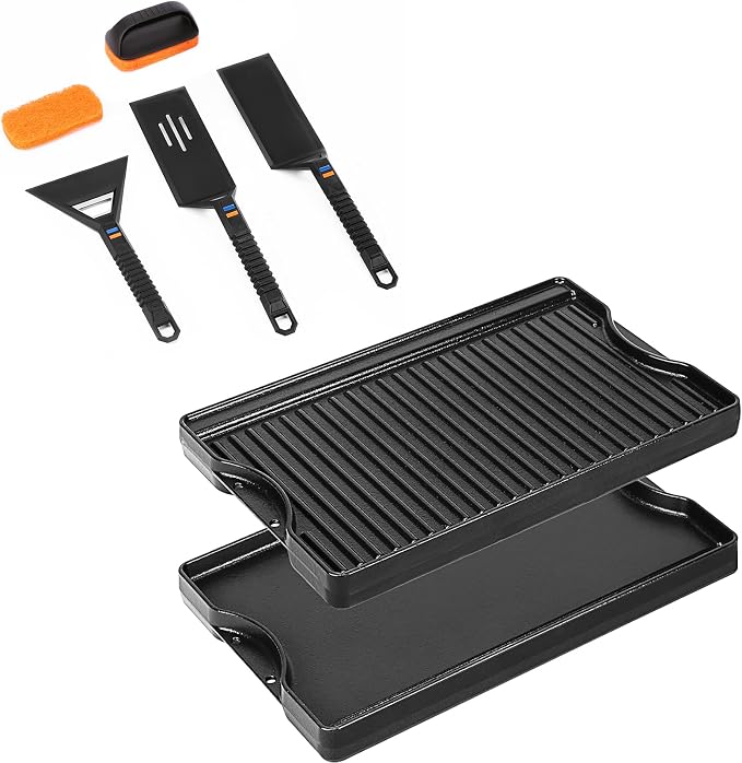 Utheer Reversible Griddle Kit, 16.5 x 10.5 Inch Cast Iron Flat Top | Includes scratch-safe nylon tools, dual-sided cooking surface works for stovetop, gas grill, camping and BBQ