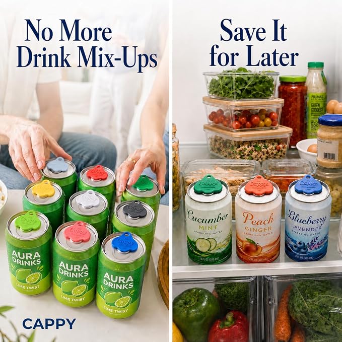 The Cappy - Reusable Beverage Can Opener & Closer (12 pack) - Fits All Standard Cans - Assorted Color Combos (Colors May Vary)
