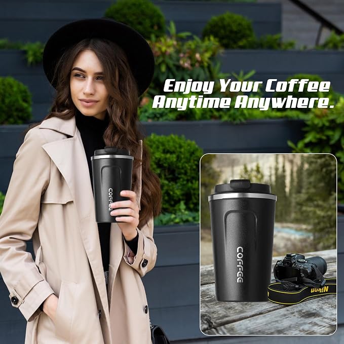 SPLMIFA Travel coffee mugs leak-proof, reusable coffee cups with lids, stainless steel vacuum insulated coffee tumblers, thermal insulation cups for men & women keep drinks hot & cold(2nd-Black, 17OZ)