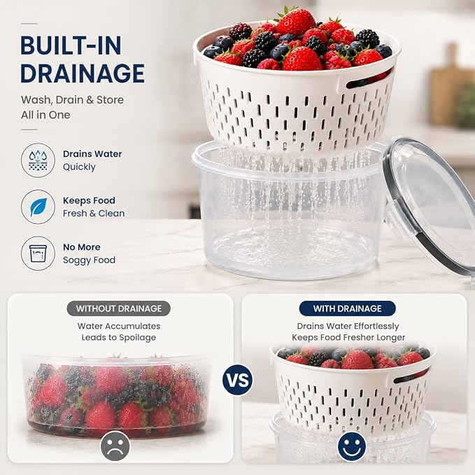 3 Piece Fruit & Berry Storage Boxes with Lid for Refrigerator, Round Berry Containers for Blueberries, Strawberries & Fruits, Food Storage Containers for Fresh Keeping