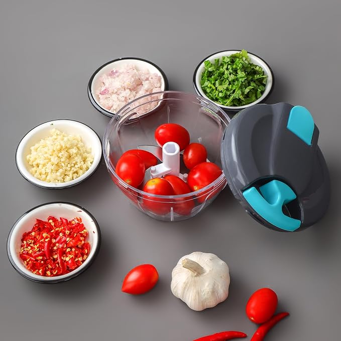 Manual Food Processor Vegetable Chopper (520ml, Blue) | Mini Food Vegetable Chopper, Hand Pull Onion Garlic Nut Fruit Salad Meat Chopper for Kitchen