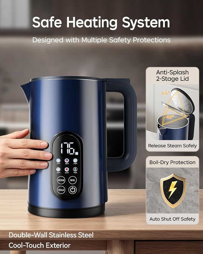 1.7L Stainless Steel Electric Kettle with Temperature Control – Blue