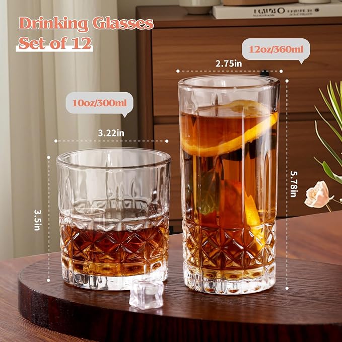 Moretoes Drinking Glasses, 12 Piece Crystal Glass Cups | Mixed Glassware Set, 6 Crystal Old Fashioned 10oz and 6 Highballs Glasses, Great for Cocktail, Whisky and Other Beverages
