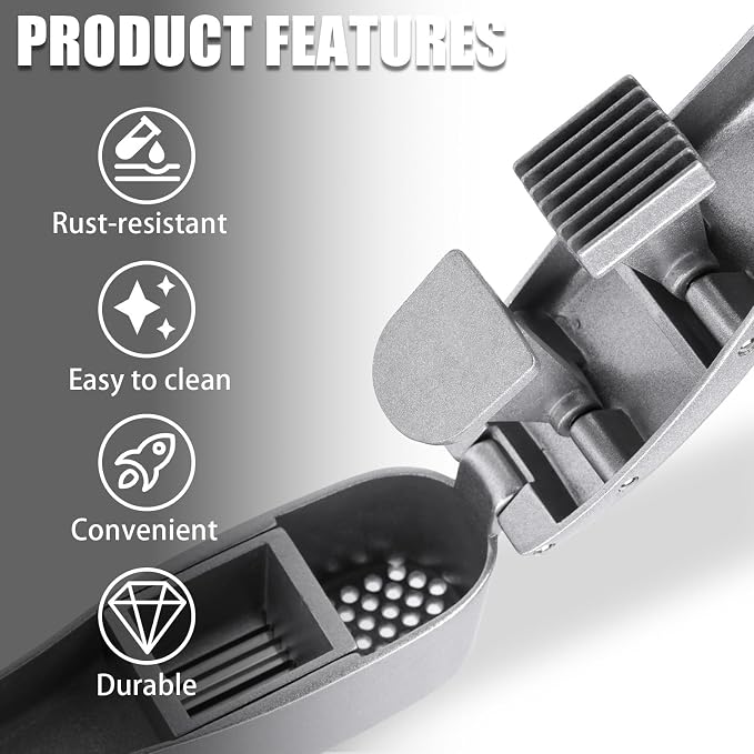2 in 1 Garlic Press and Slicer with Built-In Cleaner and Silicone Peeler | Garlic Mincer Easily Mince and Crush Garlics, Ginger, Nuts, Seeds, Peeler Included, Peeling Cloves