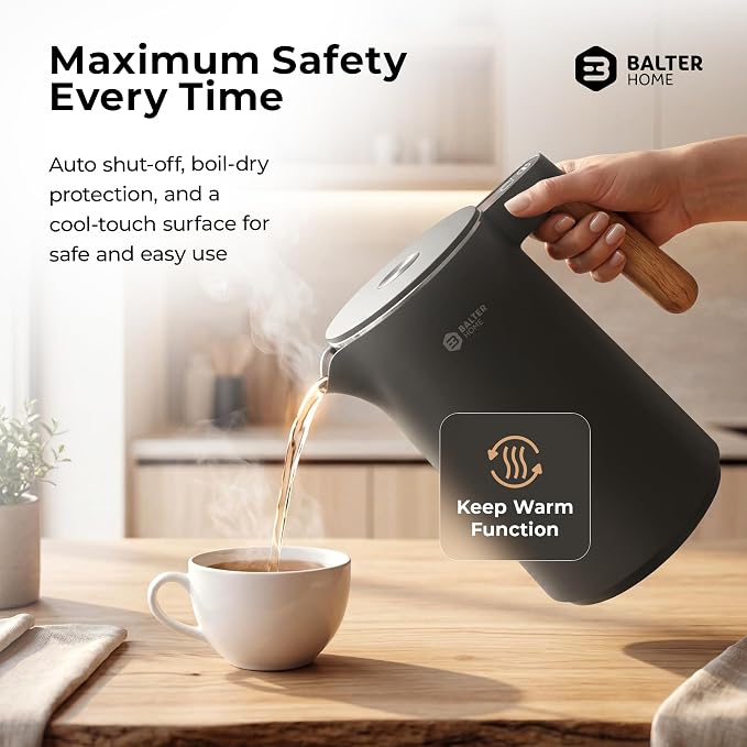 BALTER Electric Kettle with Temperature control, 113 °F – 212 °F, Tea pot, Stainless steel, double wall water kettle, BPA-free, quiet tea kettle, 1.5 L, 2200 W, Blue Gray