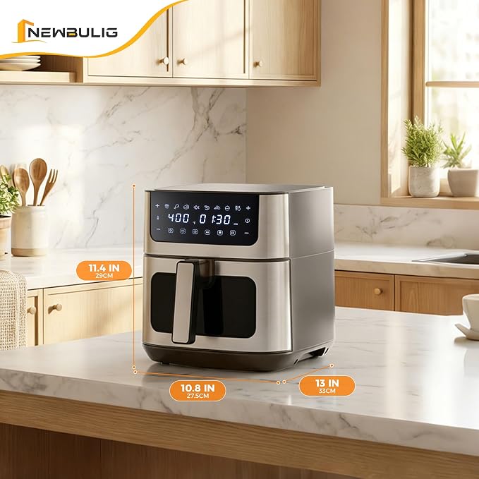 NEWBULIG Air Fryer 6.34QT Airfryer with Visible Window 400℉ Fast Heating Stainless Steel Air Fryers Oven with Nonstick and Dishwasher-Safe Basket 8-in-1 Cooking Preset with Timer Auto-Off