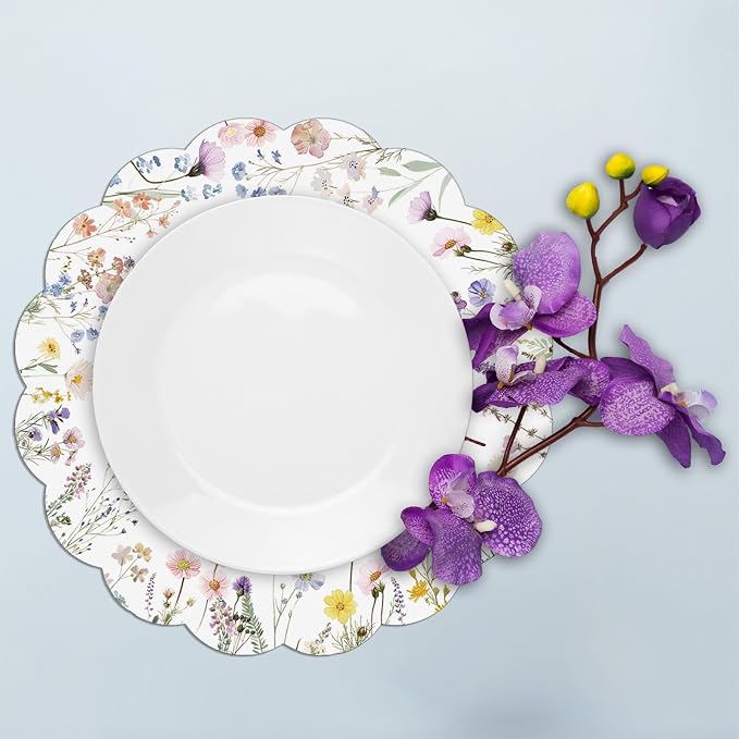 G.R.I - 50 Pcs Summer Flower Paper Place Mats, Watercolor Wildflower Butterfly Disposable Scalloped Place Mats, Spring Floral Round Placemats for Bridal Shower Birthday Wedding Baby Shower Party