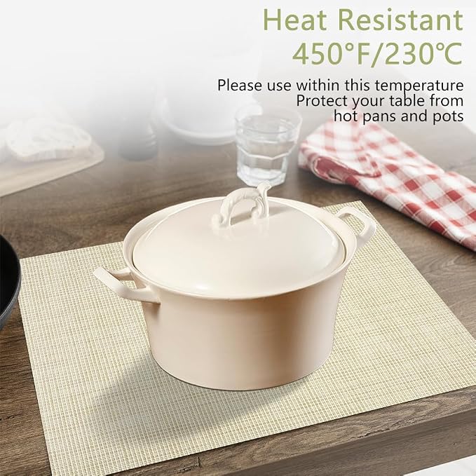 AUAUY Placemats Set of 6, Non-Slip Heat Resistant Table Mats, Beige | 6pcs PVC Vinyl Woven Table Placemats Washable for Kitchen Dinning Restaurant, Farmhouse