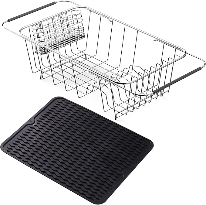 NiuYichee Stainless Steel Dish Drying Rack(14.2" L x 9.5" W x 4.1" H), Expandable Fruit & Vegetable Drain Rack Over Sink, Dish Drainer Rack in Sink, with Utensil Holder & 16" Silicone Mat