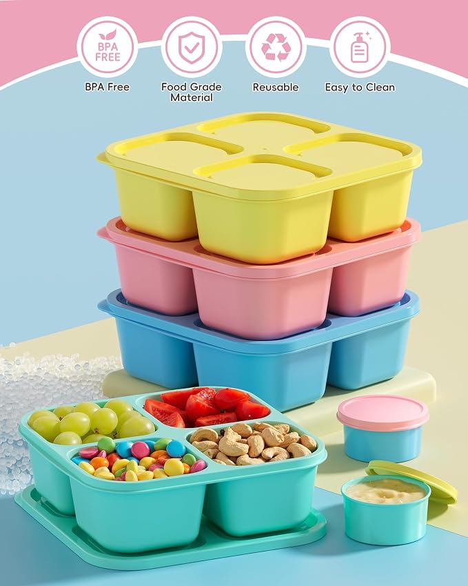 Canfanni 4 Pcs Snack Box Containers Set, Reusable 4 Compartment Lunchable Container with 2Pcs Sauce Containers, Stackable BPA-Free Bento Box for School, Work, Travel (4 Color)