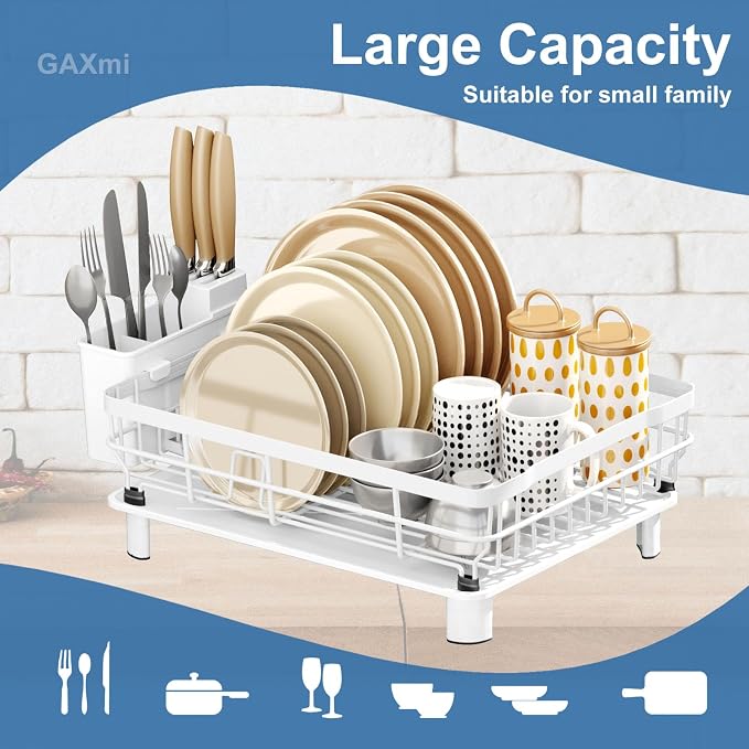 GAXmi Dish Drying Rack with Drainboard for Kitchen Countertop 1-Tier White | With utensil holder, Over the sink, Quick drainage, Space-saving, Large capacity