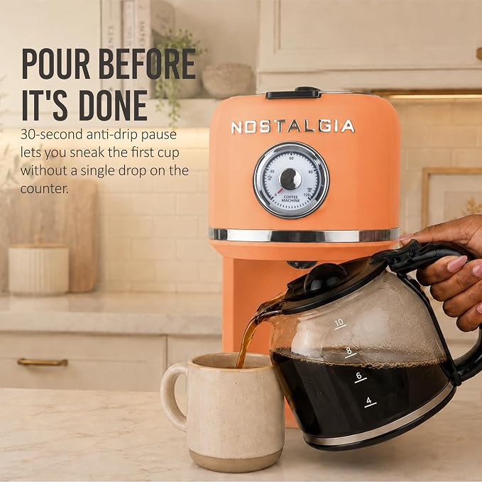 Nostalgia Classic Retro 10 Cup Coffee Maker - One-Touch Drip Brew, Reusable Filter - Anti-Drip, Auto Shutoff, & Time Display - Dishwasher Safe 50 oz Carafe - Orange