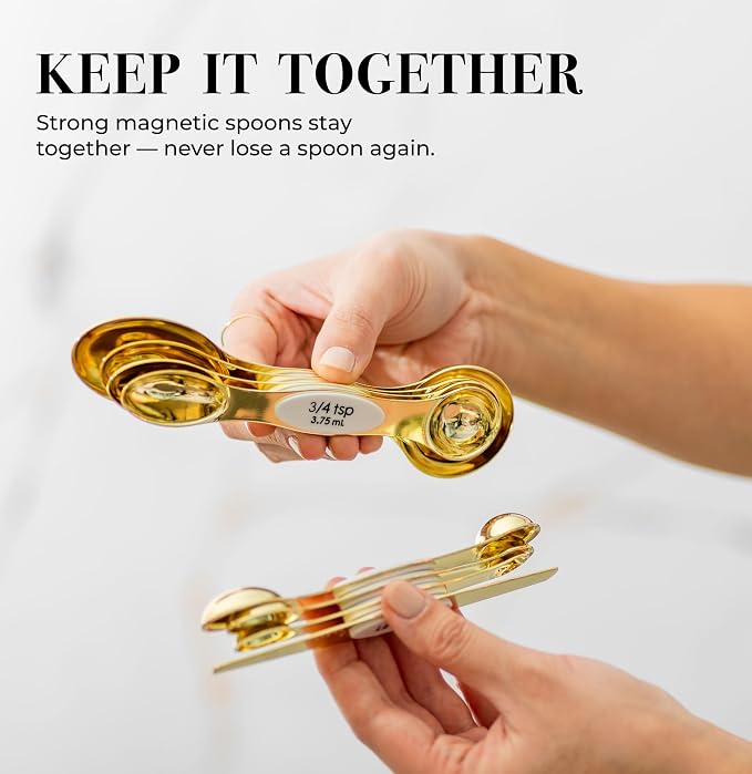 Styled Settings White and Gold Magnetic Measuring Spoons, 8-Piece | Stainless Steel Double Sided Measuring Spoons for Cooking and Baking - White and Gold Kitchen Accessories, Ideal for Gifting
