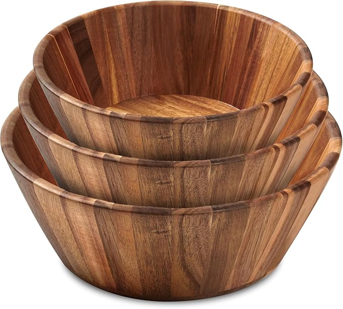 Wooden Salad Bowl Set of 3, Round Wood Bowls for Serving | Large, Medium & Small – Handmade, Durable & Stylish Natural Dining Accessory