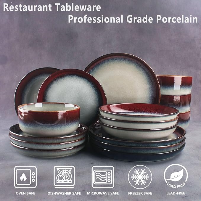 Ceramic Dinnerware (16 pcs) Serve 4 people, Plates and Bowls Sets,Handmade Reactive Glaze Dishes Set, Chip Resistant and Scratch Resistant, for Oven & Dishwasher & Microwave Safe