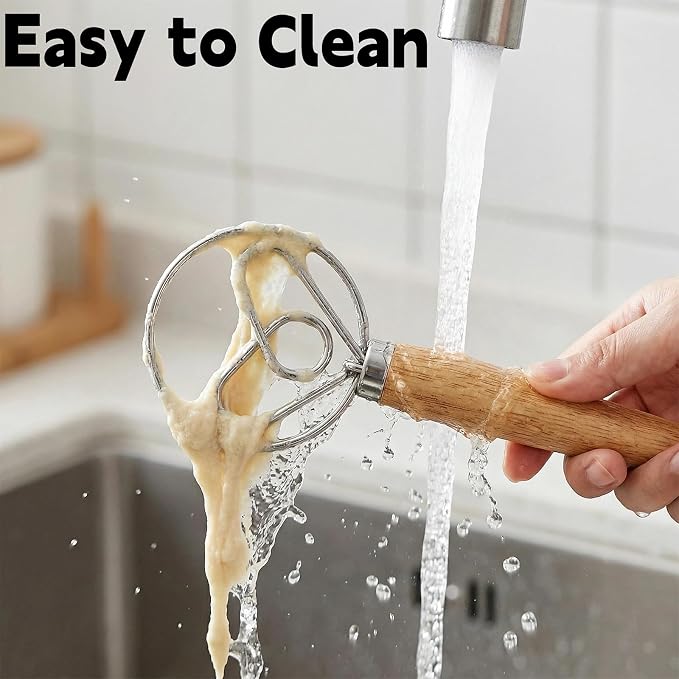 TEEVEA Danish Dough Whisk Wooden Handle Stainless Steel for Sourdough Bread | Dutch Dough Hook, Replaces Hand Mixer and Spoon, Bread Baking Tool, Food Grade Rust Resistant Steel, Non-Stick, Easy to Clean