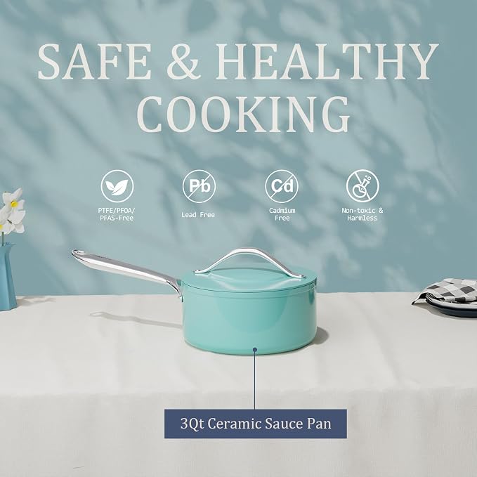 CookinCraze Premium Ceramic Sauce Pan with Lid, 3.5 QT Nonstick Saucepan | for Healthy Everyday Cooking, PFAS & PTFE Free, Induction Compatible, Oven Safe up to 500°F, Caribbean Blue