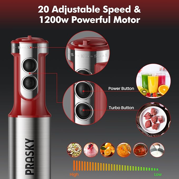 Immersion Blender Handheld 1200W, 20-Speed 5-in-1 Handheld Mixer | 4 Stainless Steel Blades, Milk Frother, Whisk, Beaker, for Smoothies, Protein Shakes, Kitchen Use, BPA-Free, Red