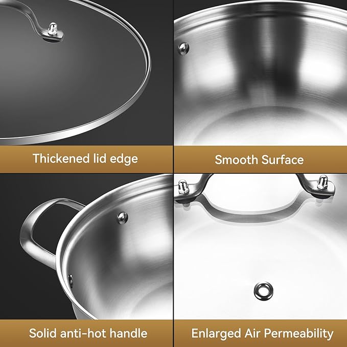 LOLYKITCH 5-Quart Stainless Steel Kadai with Lid | 13-Inch Hotpot Pot | Tri-Ply Stainless Steel Saute Pan | Jumbo Cooker | Induction Indian Cooking Pan | Large Skillet | 4-5 Servings