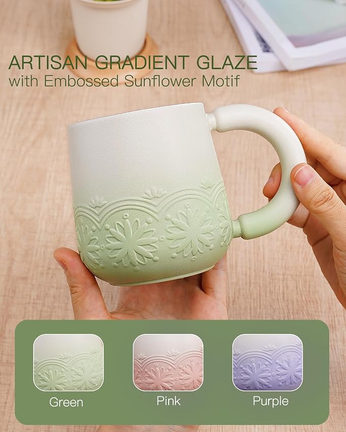 ZENS Tea Mug with Infuser and Lid for Loose Leaf Tea Steeper, 12oz Green | Embossed Ceramic Tea Cup with Strainer for Tea Lovers Gifts, Tea Diffusers Japandi Style Sunflower